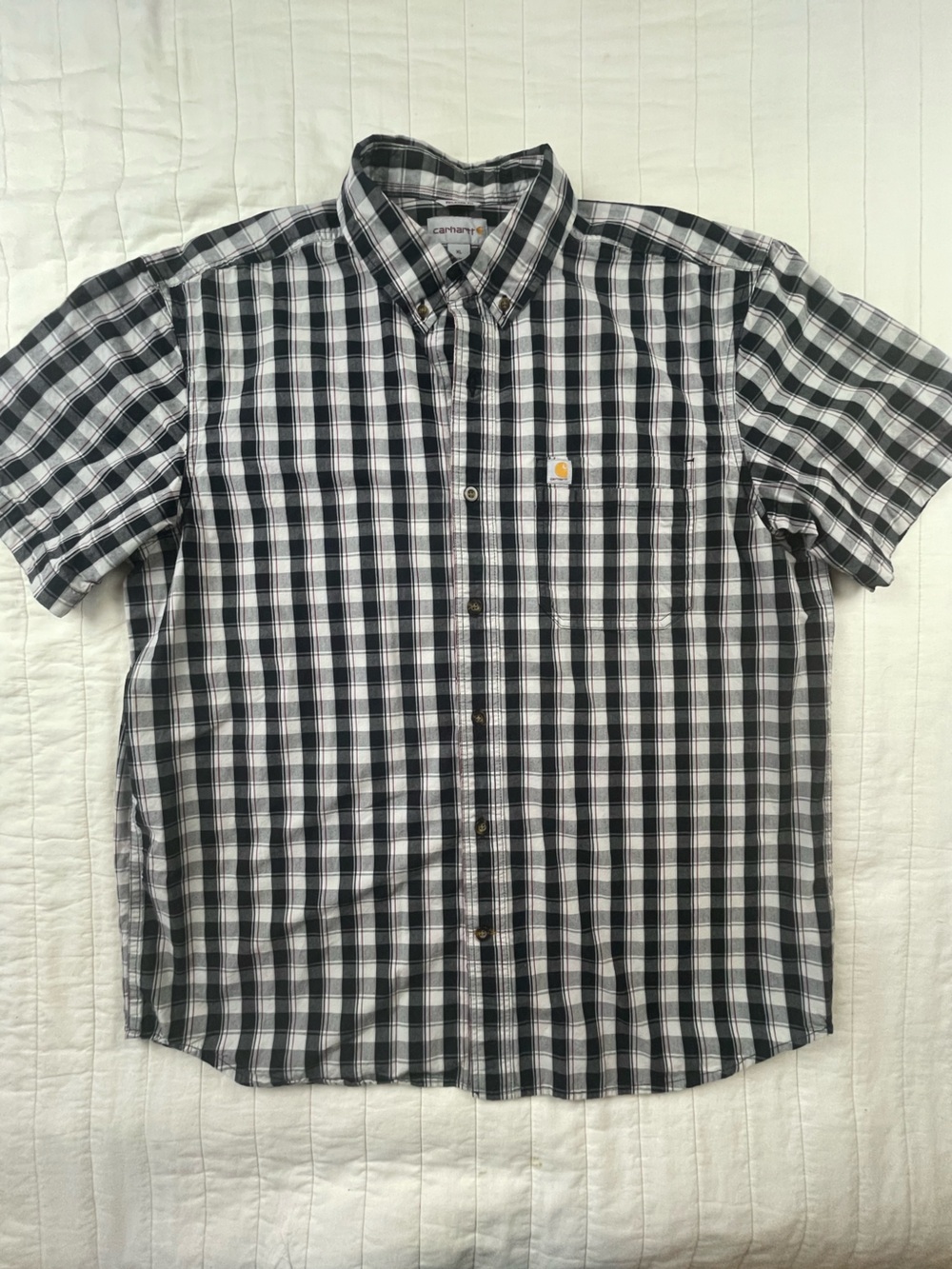 Carhartt Men’s Black & White Plaid Short-Sleeve Button-Down Cotton Shirt XL